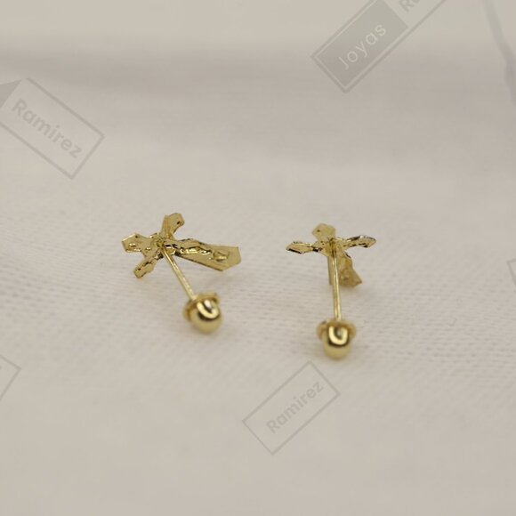 14K Solid Gold Two-Tone Cross Stud Earrings • Elegant Christian Symbol. - Picture 4 of 6